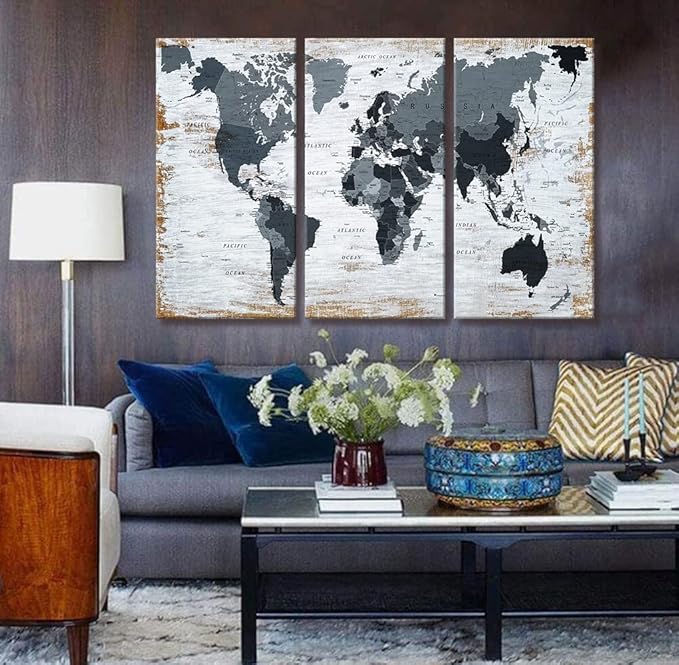 World Map Canvas Wall Art Teal Decor Black Wall Decor Office World Map Wall Art World Pictures for Living Room Wall Decoration Map Picture Framed Artwork Decor for Home Bedroom Decoration