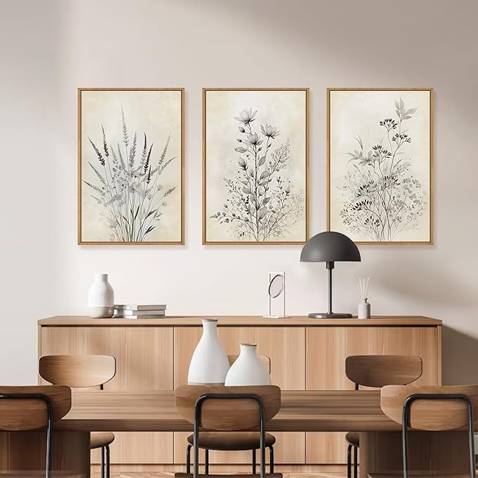 Large Neutral Flower Botanical Framed Canvas Wall Art,Boho Wildflowers Ink Wall Decor,Vintage Bouquet Wall Painting,Nature Artwork for Living Room,Bedroom,Dining Room,Office -16"x24"x3