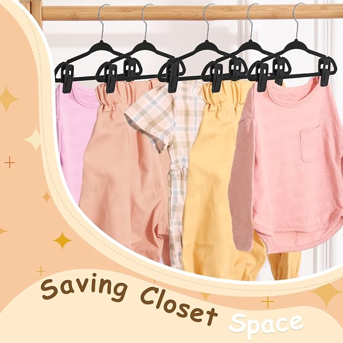 Soaoo 50 Pcs Baby Velvet Non-Slip Hangers with Clips,100 Clips for Pants & Skirts, Space-Saving Kids Children Clothes Hangers for Nursery Closet Organization(Black)