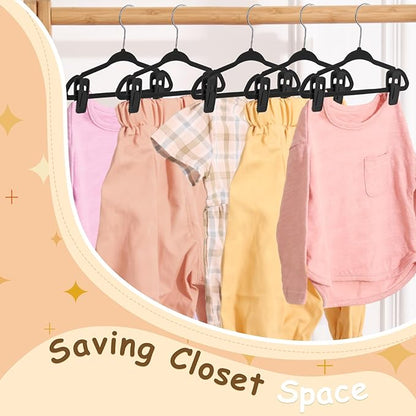 Soaoo 50 Pcs Baby Velvet Non-Slip Hangers with Clips,100 Clips for Pants & Skirts, Space-Saving Kids Children Clothes Hangers for Nursery Closet Organization(Black)