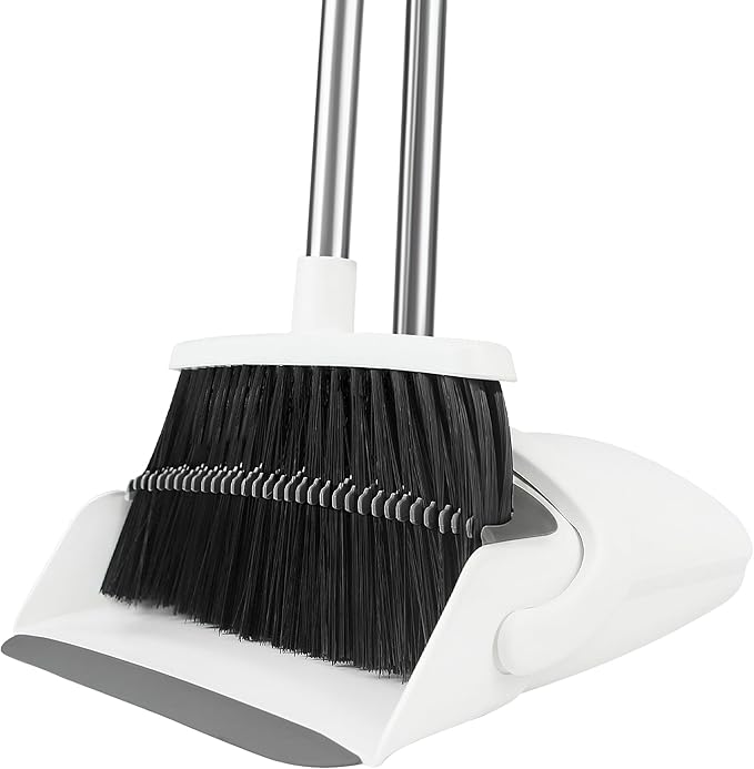 Broom and Dustpan Set, Broom with Dustpan Combo Set for Home 54-in Long Adjustable Handle Dustpan Teeth to Clean Hair for Home Office Kitchen Lobby(White)