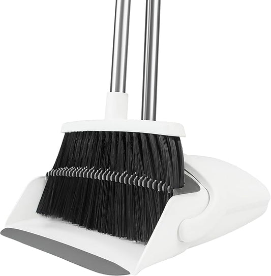 Broom and Dustpan Set, Broom with Dustpan Combo Set for Home 54-in Long Adjustable Handle Dustpan Teeth to Clean Hair for Home Office Kitchen Lobby(White)