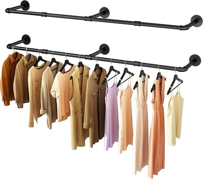 Wall Mounted Clothes Rack 60in, Industrial Pipe Clothing Racks Wall Mount, Heavy Duty Detachable Iron Garment Bar, Saving Space, Multi-Purpose Hanging Rod for Bedroom, Laundry Room, 2 Packs