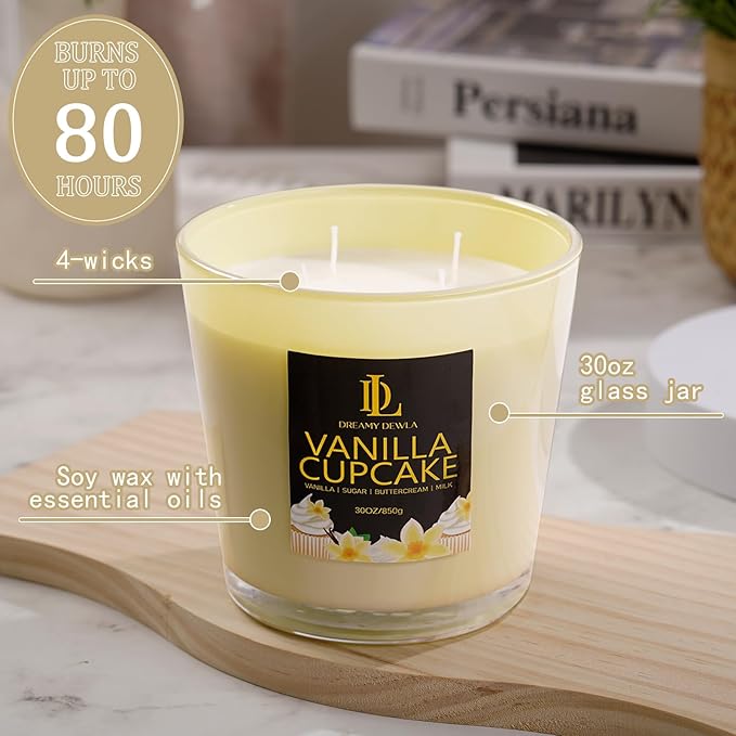 Large Candle Vanilla Cupcake Scented, 4 Wick Natural Soy Candles for Home Scented, 30oz Big Candle Long Lasting, Home Aromatherapy Candles Housewarming Valentine's Day Gift for Women Men