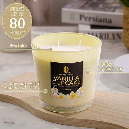 Large Candle Vanilla Cupcake Scented, 4 Wick Natural Soy Candles for Home Scented, 30oz Big Candle Long Lasting, Home Aromatherapy Candles Housewarming Valentine's Day Gift for Women Men