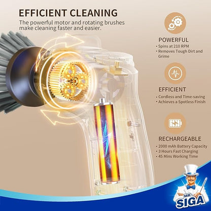 MR.SIGA Electric Spin Scrubber for Kitchen and Bathroom Cleaning, Waterproof Rechargeable Cordless Spin Scrubber with 5 Replaceable Cleaning Brushes and Pads