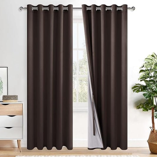 XWZO 100% Blackout Curtains 84 Inches Length with Tiebacks- Full Shade Window Drapes Thermal Insulated Double Layer with Black Liner for Bedroom/Living Room, Grommet Top, Brown, W60 x L84, Set of 2