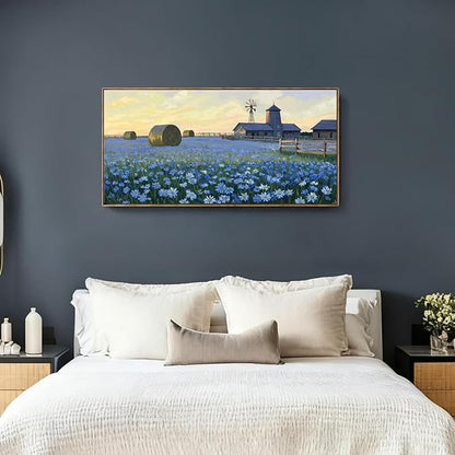 ARTZON Large Framed Wall Art for Living Room Farmhouse Blue Flower Barn Picture Country Sunset Floral Wildflower Landscape Canvas Print Nature Rustic Horizontal Artwork Bedroom Office Decor 48"×24"
