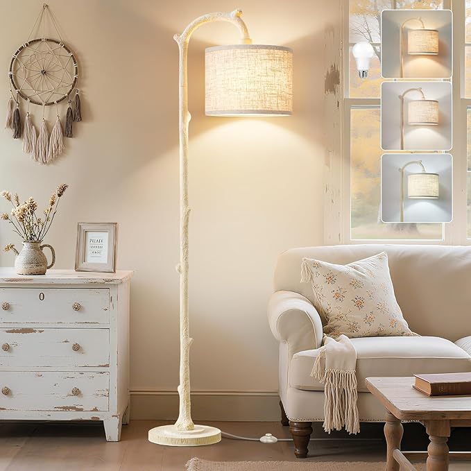 Floor Lamp for Living Room - 69" Rustic Farmhouse Tall Lamp with 3 Color Temperatures- Country Resin Vintage Reading Light Standing Lamps for Bedroom Office Classroom Home Decor, Almond White