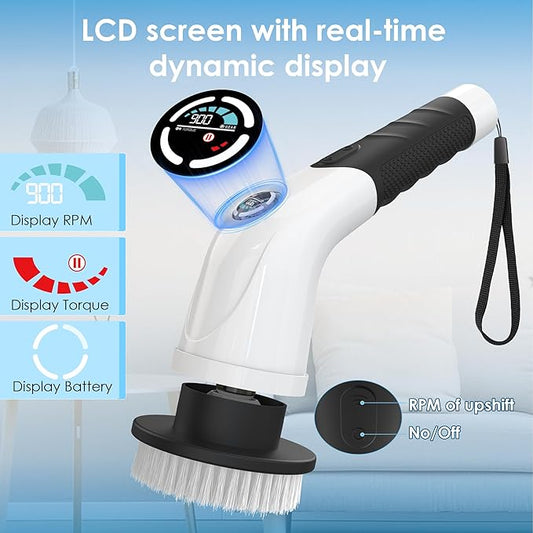Electric Spin Scrubber,Cordless Cleaning Brush, 3-Speed,7 Replaceable Brush Heads & Long Detachable Handle, LCD Display Shows RPM/Torque/Battery, for Bathroom, Kitchen, Tile