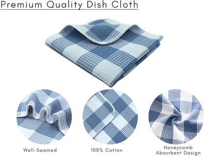 Waffle Weave Plaid Dish Cloths, 100% Cotton - 12 x 12 Inches, Ultra Soft Absorbent Quick Drying Dish Towels Buffalo Check Dish Rags for Kitchen, 6 Pack - Spring Summer - Smoky Grey and White