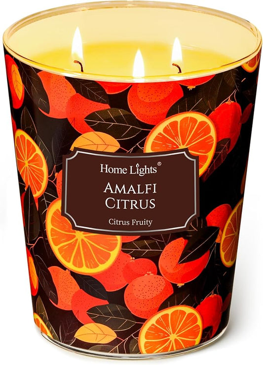 HomeLights Scented Candles | Large Jar 34 Oz Natural Soy Candle | 130 hrs Long-Lasting with 3 Wicks | Eclectic Mixed Styles Home Decor | Gifts for Mom & Women, Amalfi Citrus