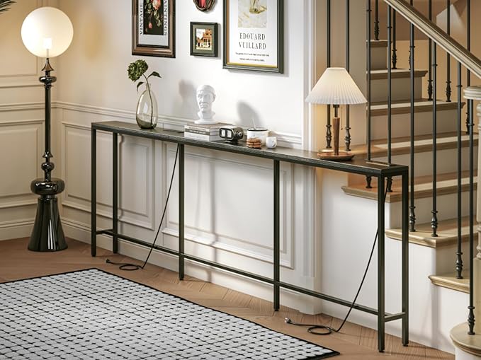 102.4" Behind Couch Table with 2 Fast Charging Stations, 7.1" Narrow Skinny Sofa Table with 4 Power Outlets, 4 USB-A, 2 USB-C for Console Entryway, Black