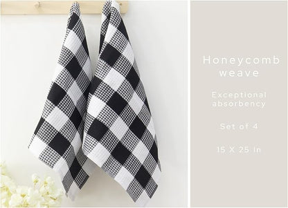 PurpleEssences 100% Cotton Waffle Weave Check Plaid Kitchen Towels, Super Soft and Absorbent Dish Towels for Drying Dishes 15 x 25-4 Pack - Christmas Holiday Winter - Black and White