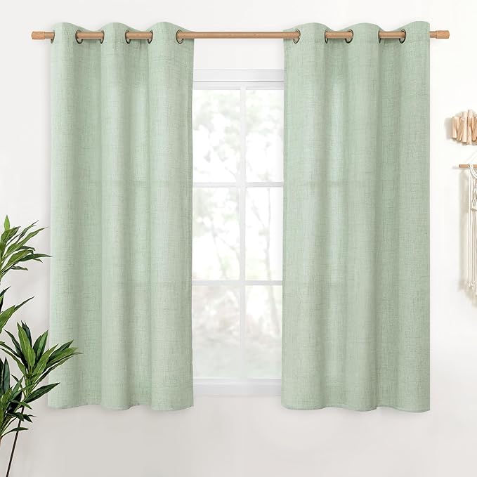 YoungsTex Sage Green Linen Curtains 48 Inch Length for Living Room Window, Short Drapes Light Filtering with Bronze Grommet Privacy for Kitchen Bedroom, 42 x 48 Inch, 2 Panels