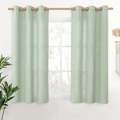 YoungsTex Sage Green Linen Curtains 48 Inch Length for Living Room Window, Short Drapes Light Filtering with Bronze Grommet Privacy for Kitchen Bedroom, 42 x 48 Inch, 2 Panels