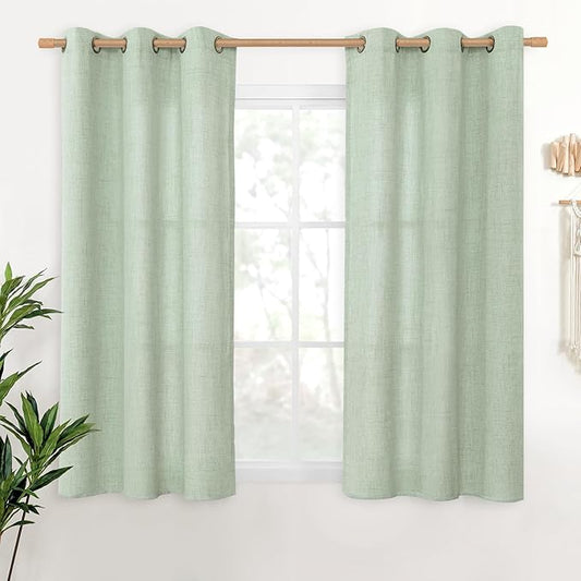 YoungsTex Sage Green Linen Curtains 48 Inch Length for Living Room Window, Short Drapes Light Filtering with Bronze Grommet Privacy for Kitchen Bedroom, 42 x 48 Inch, 2 Panels
