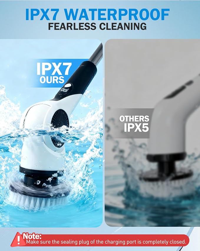Electric Spin Scrubber, 3-Speed Cordless Shower Scrubber with 90° Adjustable & 10 Replaceable Brush Heads, 90 Mins Runtime & Full-Body IPX7 Waterproof Shower Cleaner Brush with Long Handle