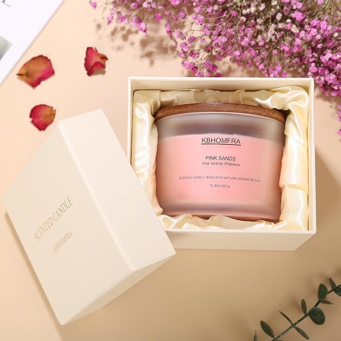 Scented Soy Wax Candle, 12.4 Oz Glass Jar, 70+ Hours Burn Time, Natural Essential Oils, Cotton Wick, Long Lasting Fragrance, Modern Contemporary Style (Gardenia+Pink Sands 2 Pack)