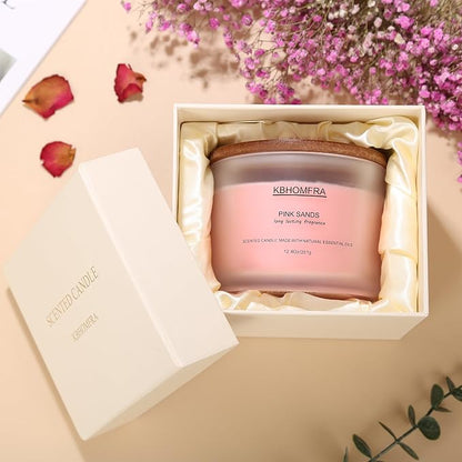 Scented Soy Wax Candle, 12.4 Oz Glass Jar, 70+ Hours Burn Time, Natural Essential Oils, Cotton Wick, Long Lasting Fragrance, Modern Contemporary Style (Gardenia+Pink Sands 2 Pack)