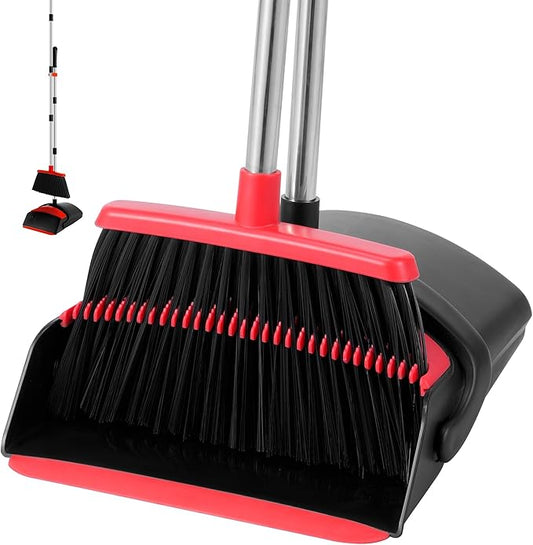 Broom and Dustpan Set, Broom Dustpan Combo with Adjustable Handle Broom Dust Pan Teeth to Automatically Clean Hair for Home Office Kitchen Lobby