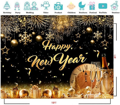 CYLYH 10X8FT 2026 Happy New Year Backdrop Black and Gold Photography Background Holiday Party Banner New Year Eve Party Decoration Banner