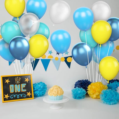 Blue Yellow Balloons, 50 Pcs 12 Inches Yellow Blue Clear Balloon, Teal Blue Metallic Clear Balloon for Girls Boy Cartoon Theme Birthday Baby Shower Wedding Party
