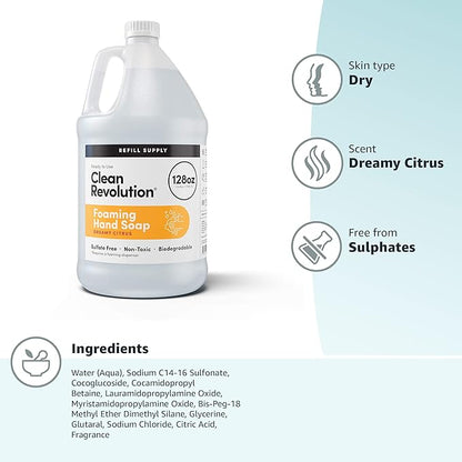 Clean Revolution Foaming Hand Soap Refill Supply Container, Ready to Use Formula, Dreamy Citrus Fragrance, Gluten Free, 128 Fl. Oz