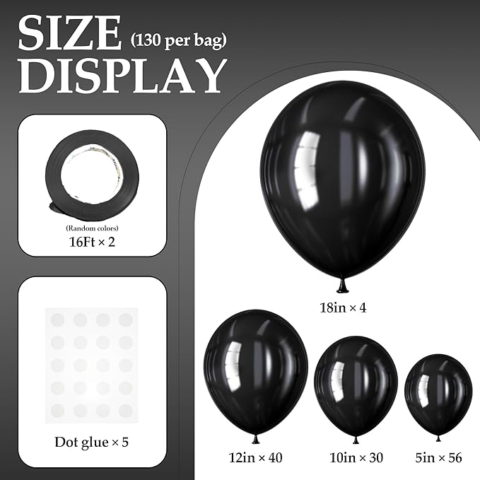 130PCS Black Balloons, Latex Balloons Different Sizes 18/12/10/5 Inch, Helium Balloons with Ribbon, Party Balloon Set for Birthday Wedding Graduation Anniversary Baby Shower Decorations.