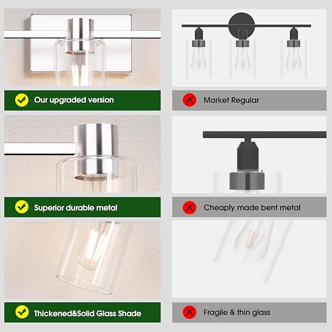 3-Light Brushed Nickel Wall Sconces for Bathroom, Modern Vanity Light Fixtures Over Mirror, Wall Lamp with Clear Glass Shade, E26 Wall Sconces Over Mirror for Bathroom, Living Room, Hallway