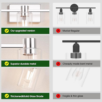3-Light Brushed Nickel Wall Sconces for Bathroom, Modern Vanity Light Fixtures Over Mirror, Wall Lamp with Clear Glass Shade, E26 Wall Sconces Over Mirror for Bathroom, Living Room, Hallway