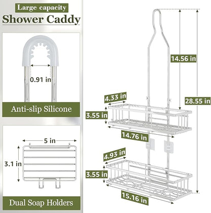 Shower Caddy Hanging: Adjustable Height, Rustproof Shelves with Hooks, 2 Soap Holders - Silver Shower Organizer Over Showerhead