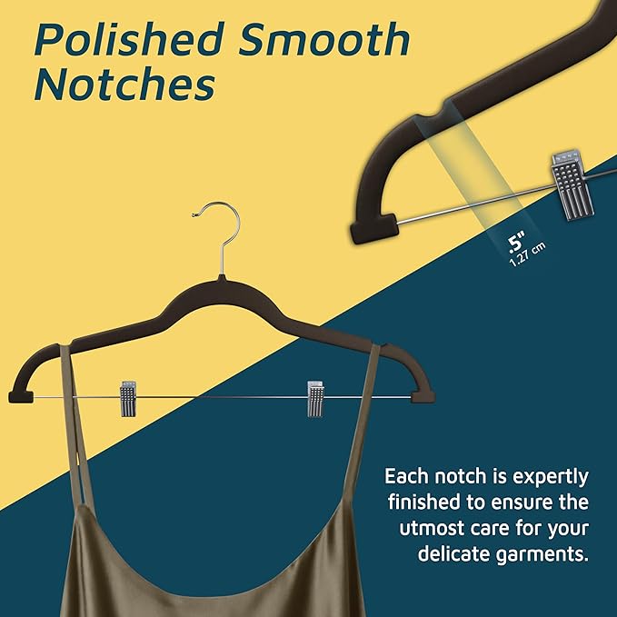 Velvet Skirt Hangers – with Adjustable Clips, 360 Degree Swivel Hook, and Non-Slip Shoulder Notch, Holds Up to 10 lbs, for Organizing Skirt, Pants, Dress, and Clothes, Pack of 10, Brown