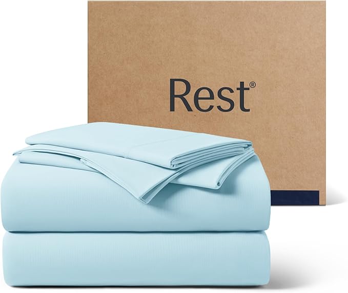 REST® Evercool®+ Cooling Sheet Set, Full Size, Light Blue, Breathable Bed Sheets for Hot Sleeper and Night Sweats, with Pillowcases, with Ionic+ Self-Cleaning Silver Yarn for Sensitive Skin, 4PCS