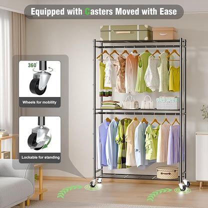 Rolling Clothes Rack for Hanging Clothes, Metal Clothing Garment Rack with Double Rods & 3 Wire Shelves, Portable Wardrobe Closet with Wheels