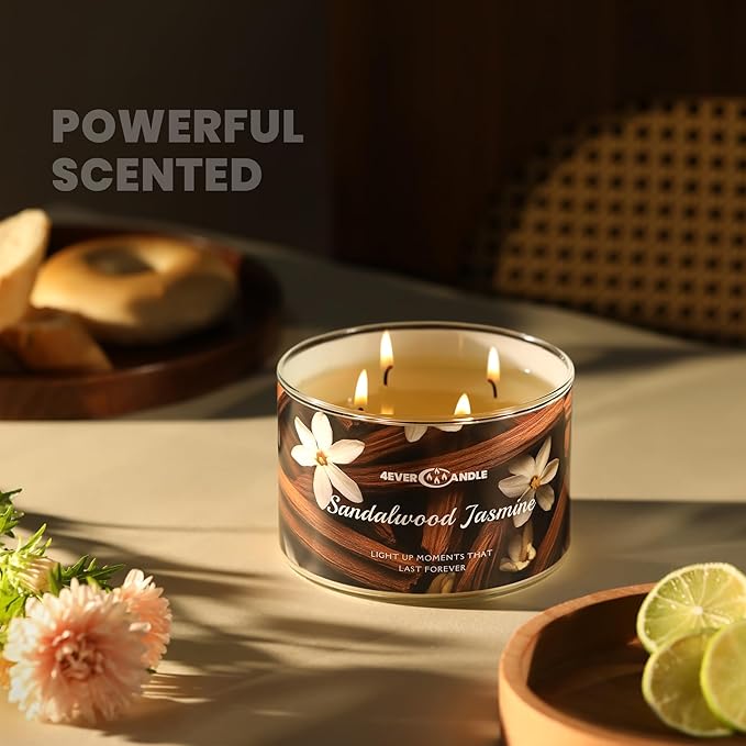 4EVER Scented Candles | 4-Wick 18oz Soy Wax Candle | Up to 50Hrs Clean Burn | Aromatherapy Candles for Home Scented | Gifts for Women & Mom, Sandalwood Jasmine