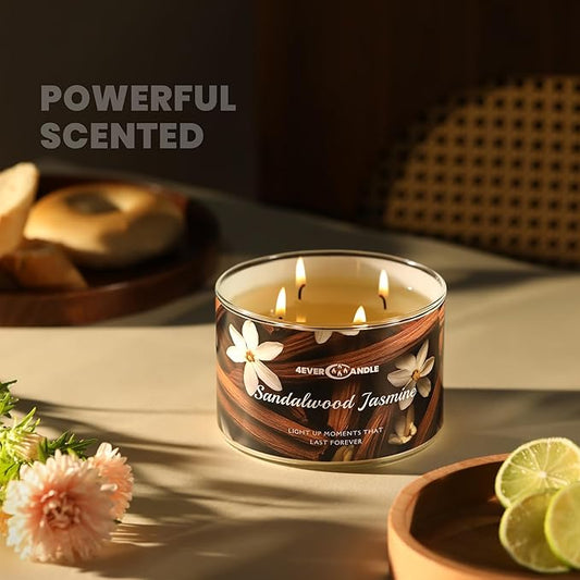 4EVER Scented Candles | 4-Wick 18oz Soy Wax Candle | Up to 50Hrs Clean Burn | Aromatherapy Candles for Home Scented | Gifts for Women & Mom, Sandalwood Jasmine