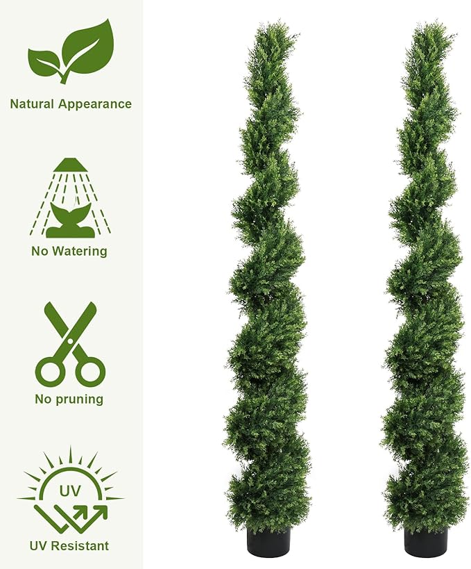THE BLOOM TIMES 6ft Spiral Artificial Topiary Trees Set of 2, 71 inch Faux Cedar Trees for Outdoor Planters - Fake Twist Cypress Plants for Garden Front Porch Indoor Outside Christmas Decor 6 Foot