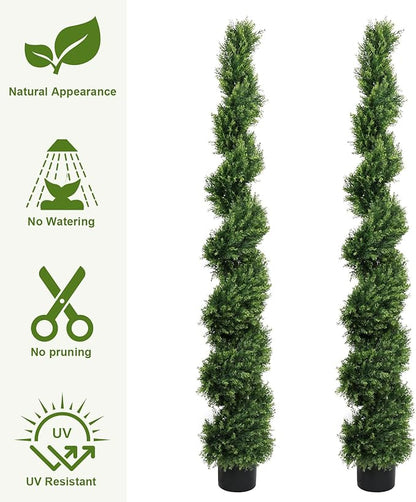 THE BLOOM TIMES 6ft Spiral Artificial Topiary Trees Set of 2, 71 inch Faux Cedar Trees for Outdoor Planters - Fake Twist Cypress Plants for Garden Front Porch Indoor Outside Christmas Decor 6 Foot