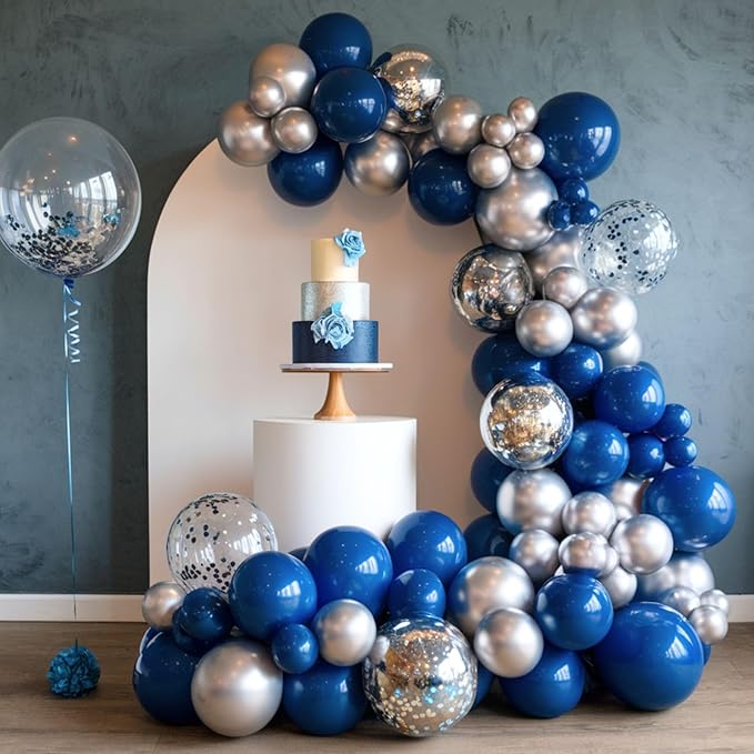 Blue and Silver Balloons, 12 Inch Navy Blue Balloons, Pearl Blue Metallic Silver Confetti Balloon Latex for Boys Birthday Baby Shower Gender Reveal Bachelor Party Graduation Decorations