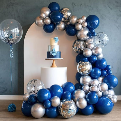 Blue and Silver Balloons, 12 Inch Navy Blue Balloons, Pearl Blue Metallic Silver Confetti Balloon Latex for Boys Birthday Baby Shower Gender Reveal Bachelor Party Graduation Decorations