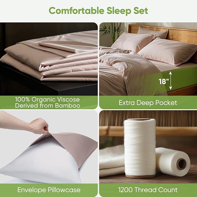 TWK Luxury Sheet Set, Genuine 100% Organic Viscose Derived from Bamboo, Cooling & Breathable, Silky Soft, Bedding Sheets & Pillowcases(Sand Queen(60 * 80 * 15))