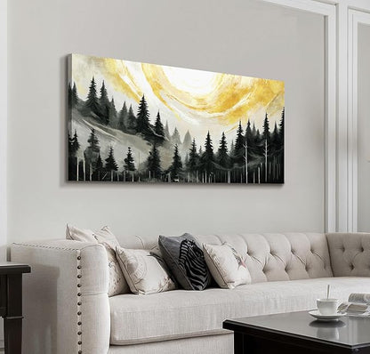 ARTZON Large Abstract Wall Art- Modern Black White Yellow Tree of Life Forest Canvas Print Pine Landscape Nature Horizontal Artwork Minimalist Picture for Living Room Bedroom Office Decor 48"x24"