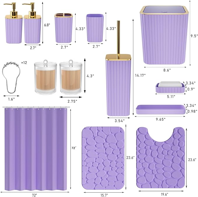 Bathroom Accessories Set - 25PC Bathroom Sets with Shower Curtain and Rugs, Purple Bathroom Set with Trash Can, Soap Dispenser, Soap Dish & Toilet Brush