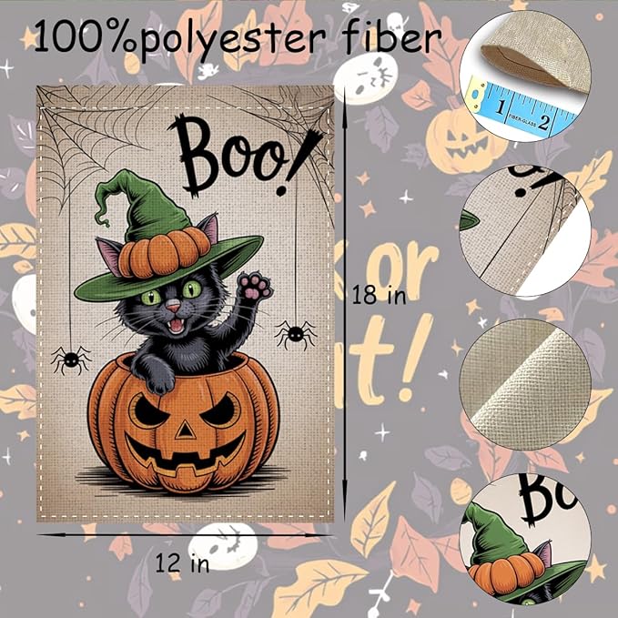 Fokongna Interesting Halloween Garden Flag, Pumpkin Spider Cat Boo Halloween Garden Flag, 12x18 Inch Burlap Vertical Double Sided Flags, for Home Yard Outside Decorations