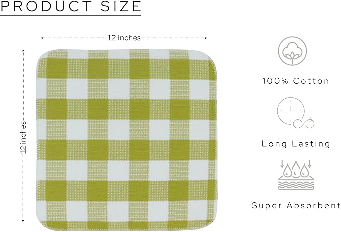 Waffle Weave Plaid Dish Cloths, 100% Cotton - 12 x 12 Inches, Ultra Soft Absorbent Quick Drying Dish Towels Buffalo Check Dish Rags for Kitchen, 8 Pack - Fall Thanksgiving - Light Green & White