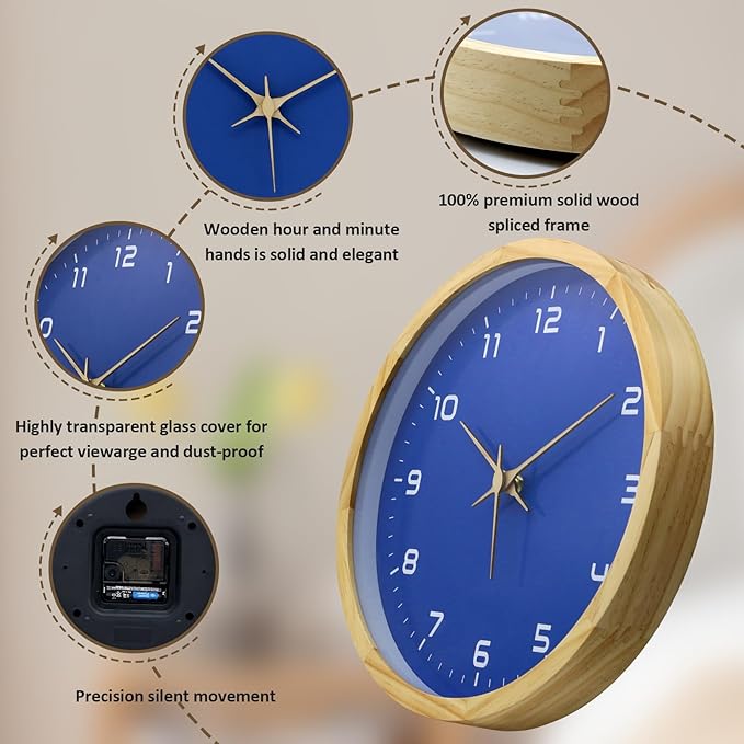 MEIRED Wooden Wall Clock 12 Inch Silent Non Ticking Wall Clocks Battery Operated Wood Analog Retro Round Clock Decorative for Kitchen,Home,Living Room,Classroom, Log Blue