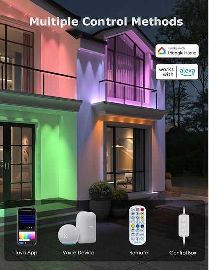 100ft Permanent Outdoor Lights, Smart RGB+IC Eave Lights, 60 Bright LEDs with 75 DIY Scene Modes & 16 Million Colors, Work with Alexa/App, IP68 Waterproof Light for House Holiday Christmas