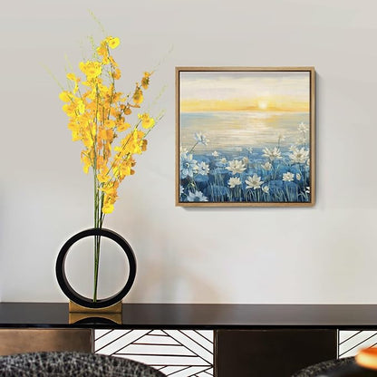 amatop Bathroom Decor Wall Art Framed Canvas Wall Art Modern Beach Coastal Floral Sunset Boho Ocean Artwork Blue Yellow Lotus Flower Zen Wall Picture for Bedroom Kitchen Office Small