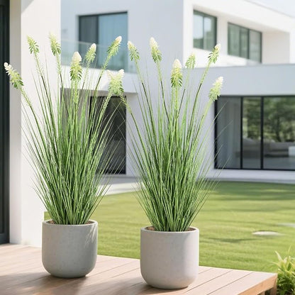 4ft 2-Pack Horsetail Reed Grass with White Cockscomb Flower, 48in Tall Indoor Outdoor Green Onions Fake Plants in Pot, Home Office Decorative Artificial Plant & Greenery, Wedding Décor